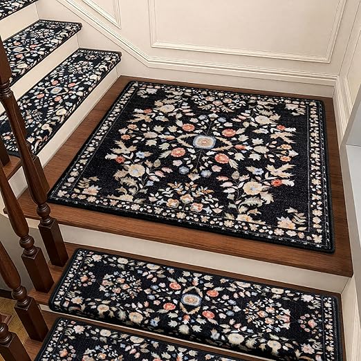 RORA Stair Treads Landing Mat Non-Slip Stair Treads Matching Mat for Wooden Steps Indoor,Bullnose Carpet Stair Floral Stair Rugs Washable Stair Carpet for Pets,30"x30",Black,1pcs