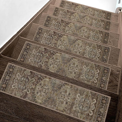 Non Slip Stair Treads for Wooden Steps 15PCS - 8"x30" Indoor Safety Carpet, Edging Mats with TPE Adhesive Backing, Pet and Elderly Friendly Stair Rugs (Sage/Brown)