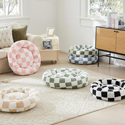 Checkered Dog Bed, Cute Blue Retro Style Aesthetic Round Warming Pet Calming Beds for Small Dog and Cats, Plush Cozy Donut Dog Beds Washable, 30" L x 30" W x 8" Th