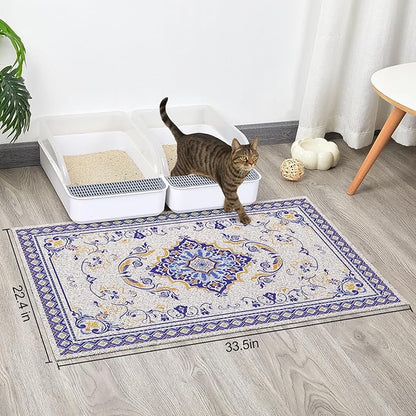 Glittme Cat Litter Mat with Non-Slip Bottom Litter Box Mat 33"X22" Litter Trapping Mat Easy to Clean Washable Cat Food Mat for Kitty,L