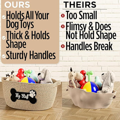 Dog Toy Basket - 100% Cotton Rope Woven Dog Toy Box for Living Room Area - Chew Proof Toybox Suitable for All Pets - Puppies to Large - Sturdy Reinforced Handles - Cute Aesthetic Design with Paw Print