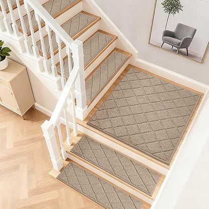 COSY HOMEER Edging Stair Treads Non-Slip Corner Indoor Stair Runners for Wooden Steps,Landing Slip Resistant Stair Rugs Mat for Kids and Dogs,100% Polyester TPE Backing,Beige,30x30 inch