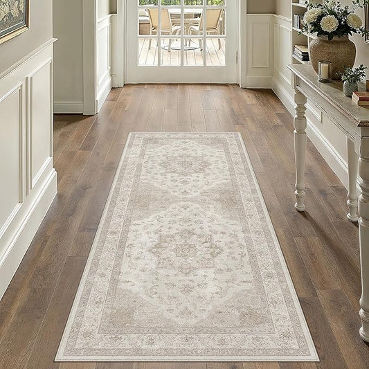 Beige Runner Rug 2x5 Washable Vintage Carpet Hallway Kitchen Soft Retro Low Pile Thin Indoor Bedroom Non Slip Oriental Medallion Long Throw Rug for Bathroom Laundry Dining Room