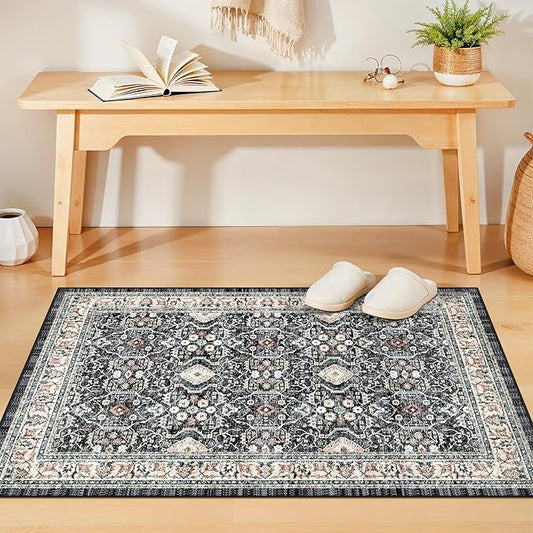 Washable Kitchen Area Rug 3x4: Indoor Non-Slip Soft Bedroom Bathroom Runners Stain Resistan Carpet for Entryway Laundry Dining Room Vintage Home Decor for Small Living Room Nursery Room(3x4,Black)