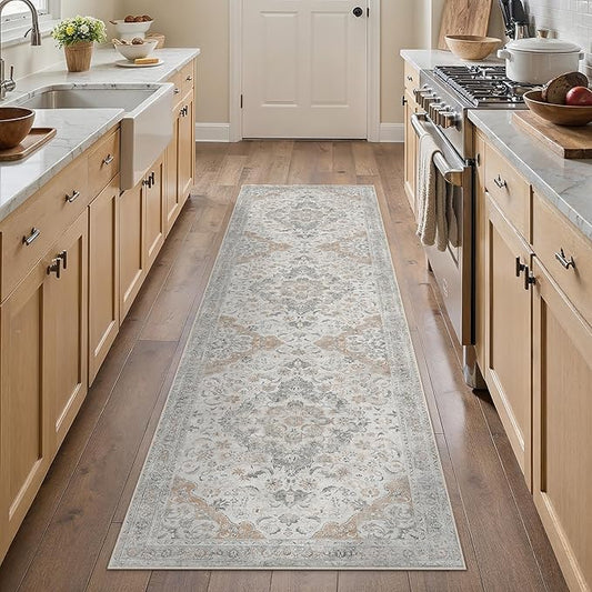 Taup Runner Rug 2x8 Washable Vintage Long Carpet Low Pile Traditional Distressed Retro Accent Indoor Hallway Throw Rug Non Slip for Kitchen Laundry Bathroom Dining Room