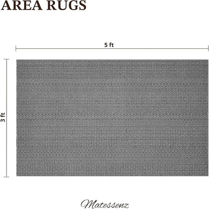 3x5 ft Area Rug - Machine Washable Non-Slip Boho Rug for Living Room, Woven Rug for Bedroom, Dining Room, Home Office - Soft, Lightweight, Stain-Resistant, Soundproof - Grey