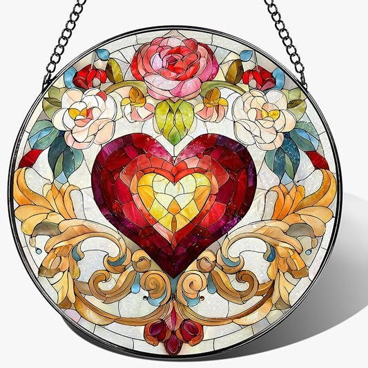 Stained Glass Window Hanging, 8 in Valentine Heart Sun Catcher, Stained Glass Suncatcher, Gift for Wife, Gift for Girlfriend, Mother's Day, Christmas, Birthday, Valentine's Day Gifts for Couple, Her