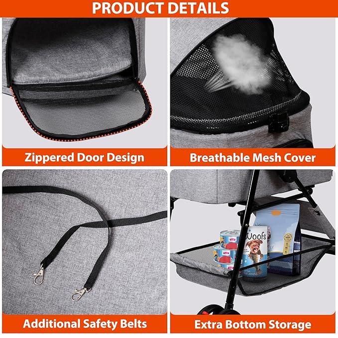 4 Wheels Dog Stroller Folding Pet Strolling Cart for Small Medium Cats Puppies with Storage Basket Cup Holder Detachable Carrier, Gray