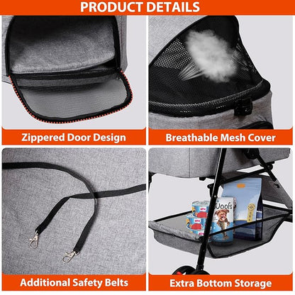 4 Wheels Dog Stroller Folding Pet Strolling Cart for Small Medium Cats Puppies with Storage Basket Cup Holder Detachable Carrier, Gray
