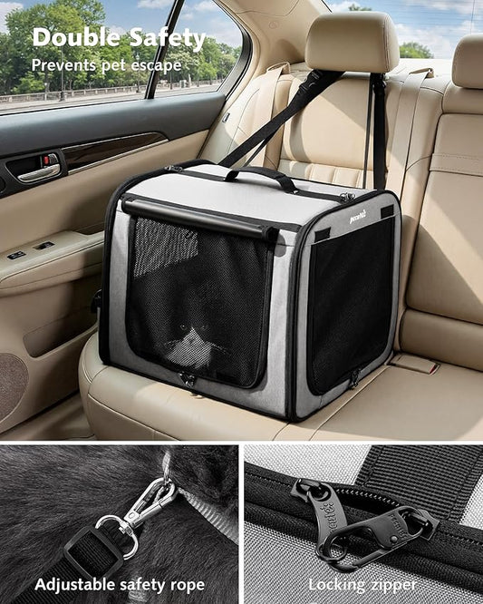 Pecute Dog Car Carrier Light Weight 19.7×16.9×14.8in, Dog Carrier Easy to Assemble, Dog Car Crate Portable and Breathable,Pet Carrier for Indoor and Outdoor, Dog Travel Crate with Curtain Gray