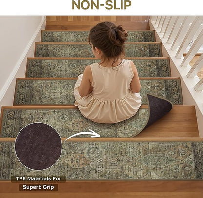 Non Slip Stair Treads for Wooden Steps 15PCS - 8"x30" Indoor Safety Carpet, Edging Mats with TPE Adhesive Backing, Pet and Elderly Friendly Stair Rugs (Dark Green&Brown)