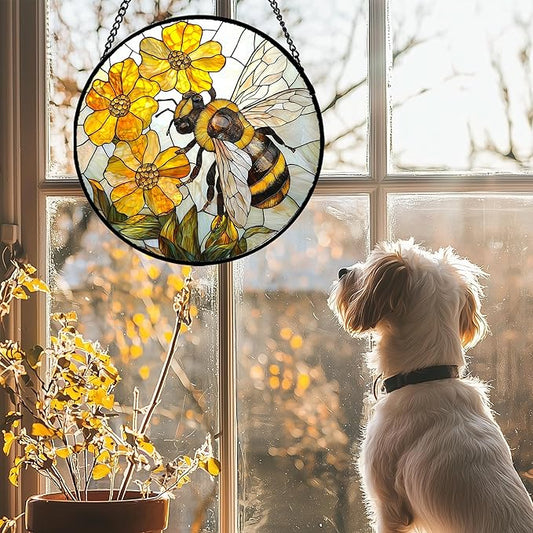 Stained Glass Window Hanging - Yellow Bees Gathering Flowers Sun Catcher for Door Garden Home Decor Cute Suncatcher Christmas Mother's Day Birthday Gifts for Women Men Mom Nana 15 in