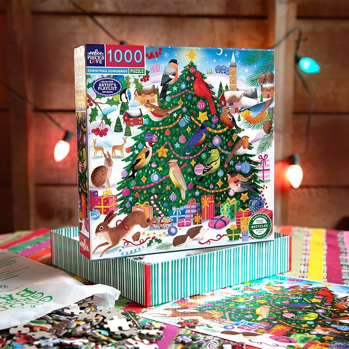eeBoo 1000 Piece Puzzle - Christmas Songbirds Jigsaw Puzzle for Adults, Square 23" x 23" Made with Recycled Board & Vegetable-Based Ink