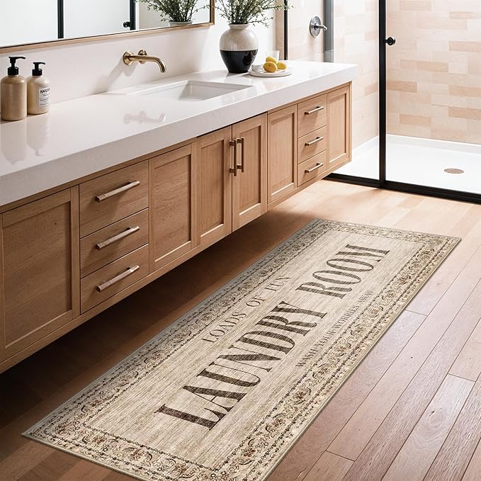 Non Slip Laundry Room Rug - 20x60 Farmhouse Washable Carpet Ultra Soft Duable Floor Mat for Mudroom Washroom Bathroom 20"x60" Natural Wood Brown