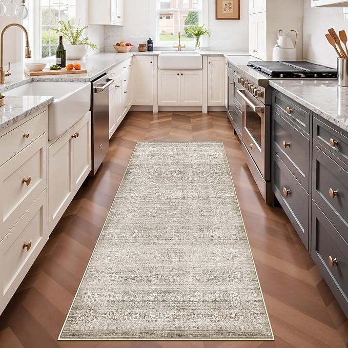 Washable 3x6 Neutral Area Rugs: Water-Resistant Kitchen Rug Low Pile Soft Beside Carpet for Bedroom Nursery Anti-Slip Entryway Bathroom Runner Rug Thin Distressed Hallway Floor Mat(3x6,Beige/Ivory)