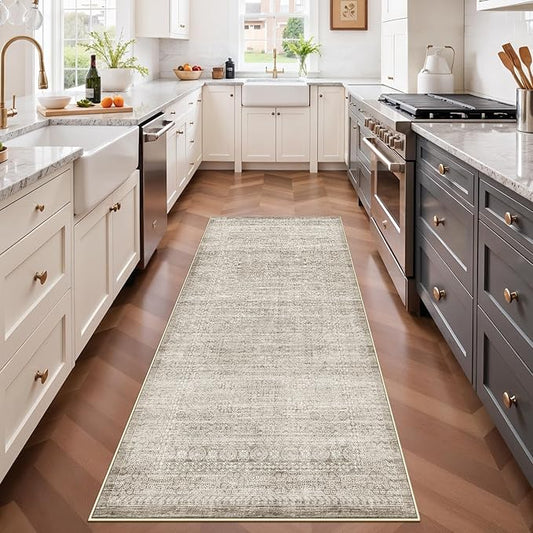 Washable 3x6 Neutral Area Rugs: Water-Resistant Kitchen Rug Low Pile Soft Beside Carpet for Bedroom Nursery Anti-Slip Entryway Bathroom Runner Rug Thin Distressed Hallway Floor Mat(3x6,Beige/Ivory)