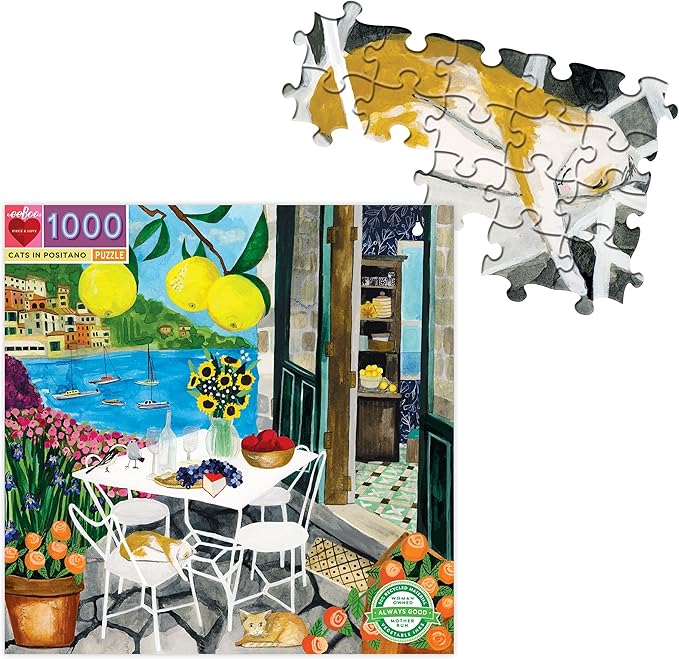 eeBoo 1000 Piece Puzzle - Cats in Positano Jigsaw Puzzle for Adults, Square 23" x 23" Made with Recycled Board & Vegetable-Based Ink