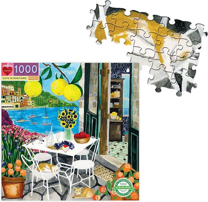 eeBoo 1000 Piece Puzzle - Cats in Positano Jigsaw Puzzle for Adults, Square 23" x 23" Made with Recycled Board & Vegetable-Based Ink