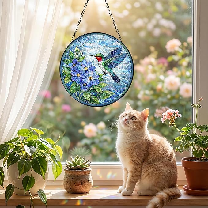 Sanwarm Stained Glass Window Hanging, Hummingbird Blue Flowers Suncatcher Window Decor for Indoor Home Sun Catcher Ornament, Mother’s Day & Birthday Gift for Women, Men, Mom & Nana, 7.8 in