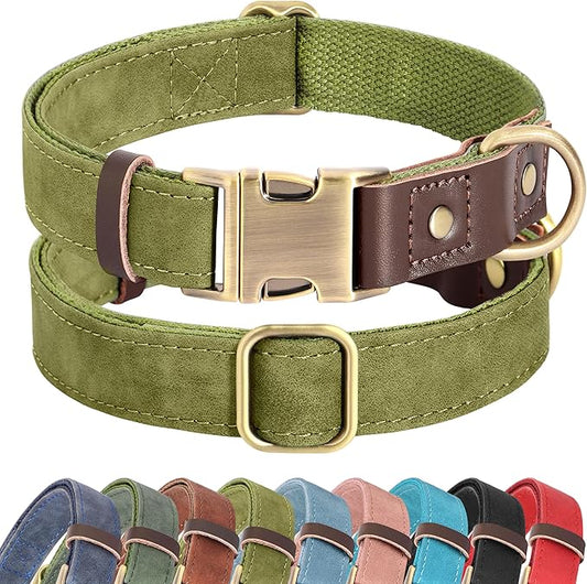 Didog Soft PU Leather Dog Collar for Large Dogs,Classic Adjustable Wide Dog Collars with Quick Release Metal Buckle,Easy Clean and Comfortable with Nylon Lining,Olive Green,XL Neck 20-27", Width 1.2"