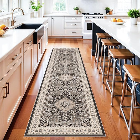 2x8 Halway Washable Runner Rug - Ultra-Soft Wide Kitchen Carpet with Non Slip Backing Stain Resistant Bedroom Laundry Rugs Durable Vintage Distressed Floor Decoration Mat for Bathroom 2x8 Black