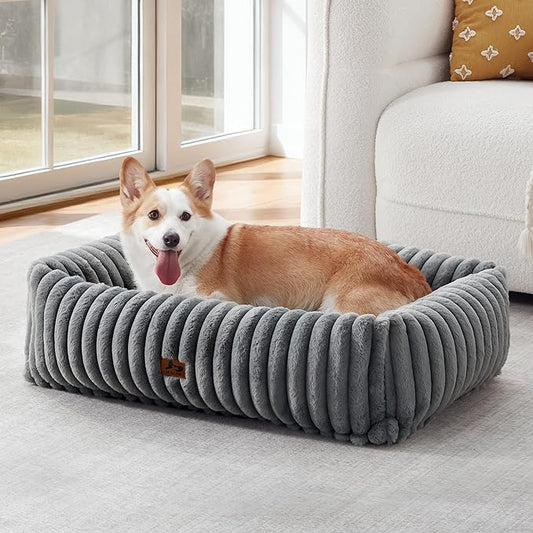 Washable Dog Bed for Small Medium Dogs - Rectangle Orthopedic Corduroy Fleece Pet Bed with Removable Cover and Nonskid Bottom, Calming Puppy Bed Soft Pet Sofa, Grey(35x25x9inchs)