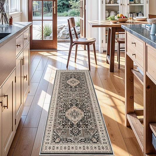 RUUGME 2x5 Kitchen Runner Rug - Indoor Washable Entryway Hallway Rugs with Non Slip Backing Low Pile Stain Resistant Carpet for Bedroom Soft Vintage Home Decor Floor Mat for Bathroom Laundry 2x5 Black