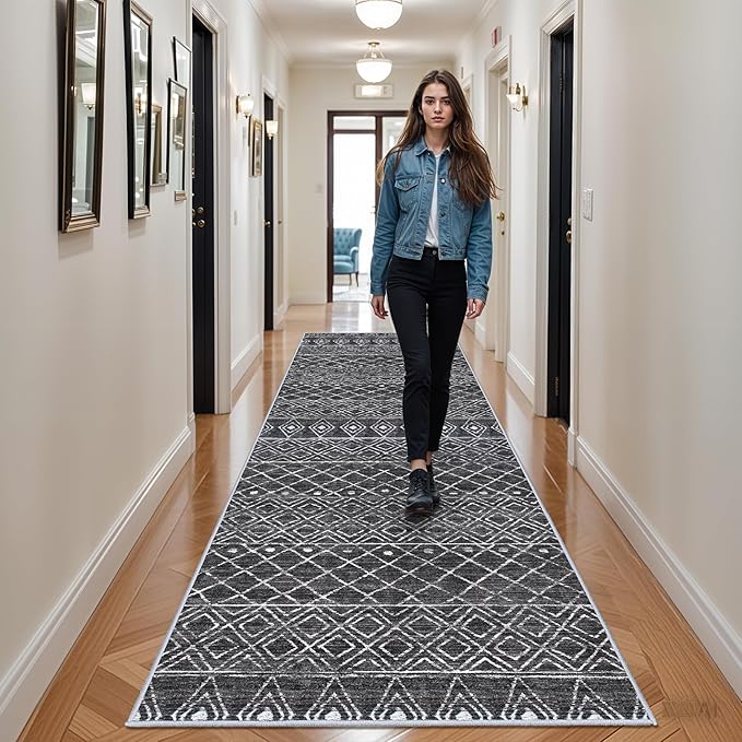 Washable 4x12 Rug for Hallway - Extra Long Runner Rug Moroccan Non Slip Pets Friendly Runner Low Pile Soft Indoor Floor Mat Front Door for Kitchen Bedroom Entryway Laundry 4x12 Black