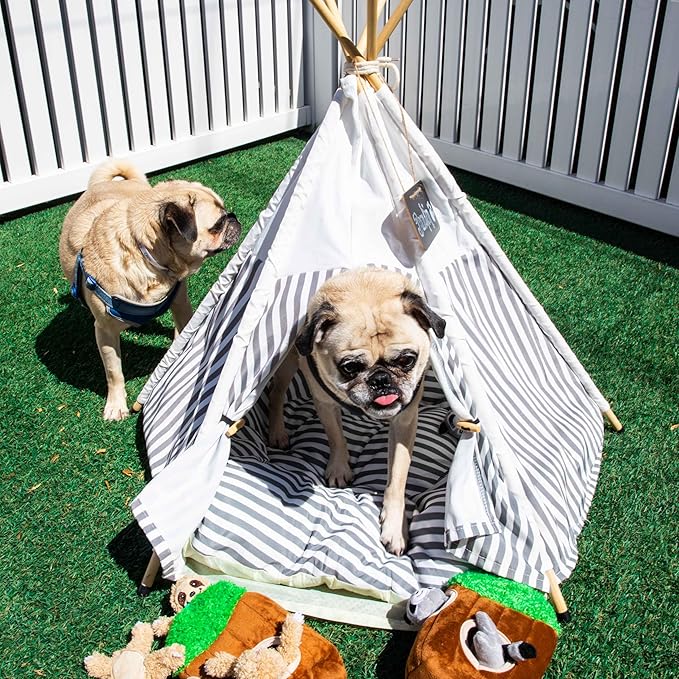 Glow Pups Pet Teepee, Cozy Retreat Dog Teepee with Thick Cushion, Portable and Foldable Canvas Pet Tent for Small Dogs and Cats up to 33lbs, Grey and White Striped
