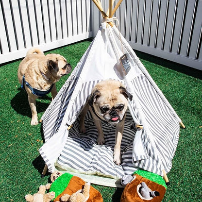 Glow Pups Pet Teepee, Cozy Retreat Dog Teepee with Thick Cushion, Portable and Foldable Canvas Pet Tent for Small Dogs and Cats up to 33lbs, Grey and White Striped