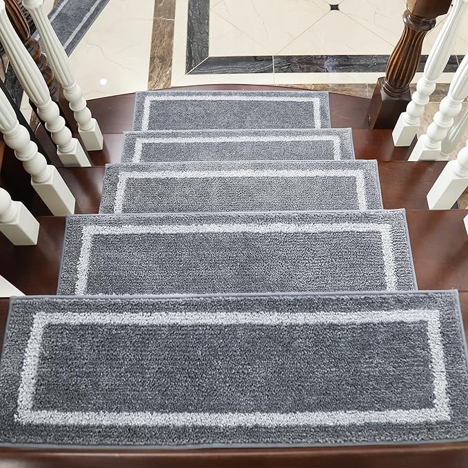COSY HOMEER Soft Stair Treads Non-Slip Carpet Mat 28inX9in Indoor Stair Runners for Wooden Steps, Stair Rugs for Kids and Dogs, 100% Polyester TPE Backing 7pcs,Grey,Square