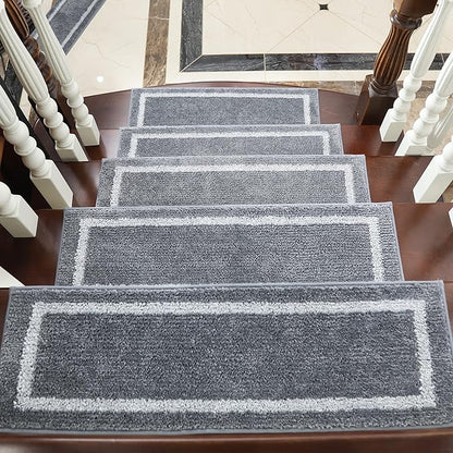 COSY HOMEER Soft Stair Treads Non-Slip Carpet Mat 28inX9in Indoor Stair Runners for Wooden Steps, Stair Rugs for Kids and Dogs, 100% Polyester TPE Backing 7pcs,Grey,Square
