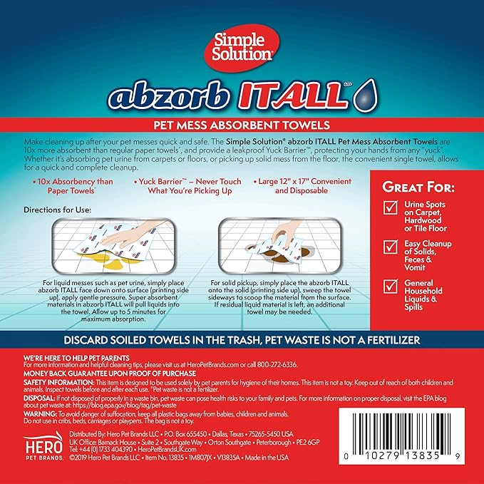Simple Solution Abzorbitall Pet Mess Absorbent Towels - Multi-Surface Urine and Dog Poop Cleaning Sheets - 12 x 17 inches - 30 Towels