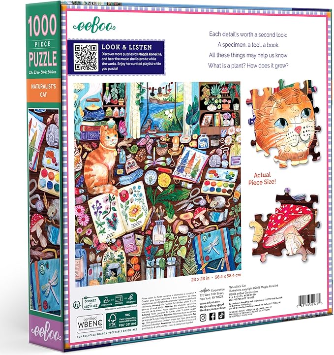 eeBoo 1000 Piece Puzzle - Naturalist’s Cat Jigsaw Puzzle for Adults, Square 23" x 23" Made with Recycled Board & Vegetable-Based Ink