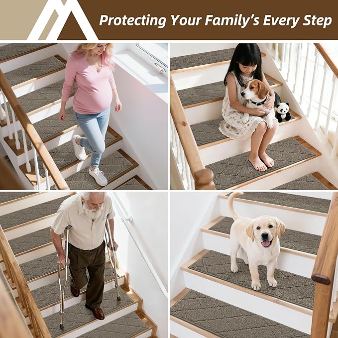 COSY HOMEER Stair Treads for Wooden Steps 9"x28" Washable Indoor Carpet Stair Treads Non Slip Soft Polyester Stair Carpet Tread Reusable Stair Runner Rugs for Kids, Elders,Pets,Light Brown,7pcs