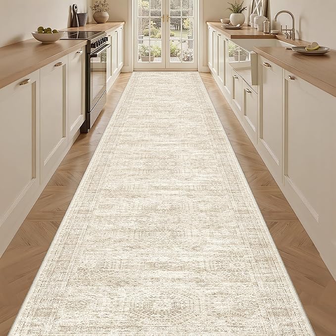 3x20 Washable Runner Rug for Hallway, Non-Slip Long Hallway Runner for Entryway, Soft Vintage Kitchen Mats for Floor, Abstract Dining Room, Bedroom, Living Room Rugs(3'x20', Beige/Ivory)
