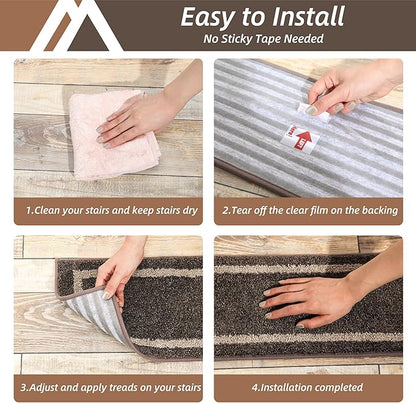 COSY HOMEER Soft Stair Treads Non-Slip Carpet Mat 28inX9in Indoor Stair Runners for Wooden Steps,Stair Rugs for Kids and Dogs, 100% Polyester TPE Backing 7pcs,Brown,Square