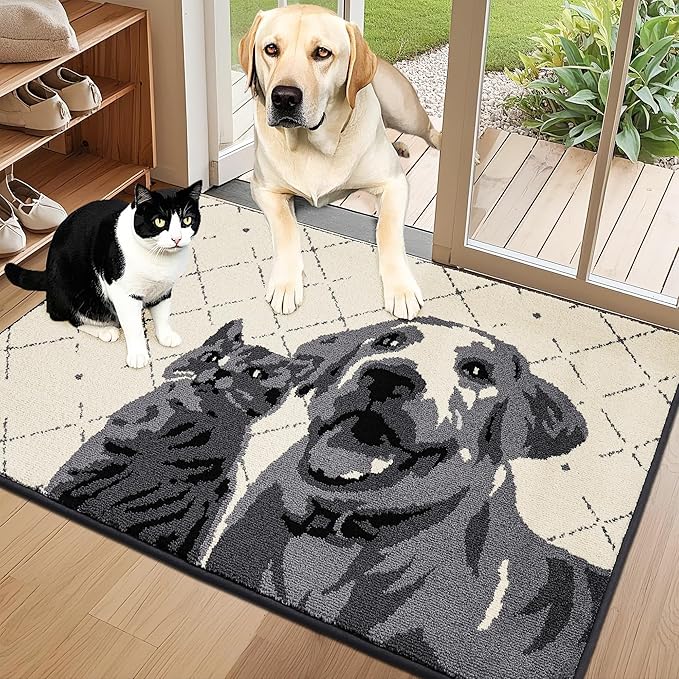 COSY HOMEER Dog Door Mat 24"x36" Dirt Trapper Entryway Rugs Absorbent Funny Welcome Mat Washable Non Slip Entry Rugs,Grey