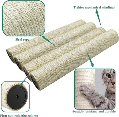 4 PCS Cat Scratching Post Replacement, 15.7in M8 Sisal Cat Tree Replacement Posts with Screws, Natural Sisal Refill Poles for Indoor Cat Tree Repair