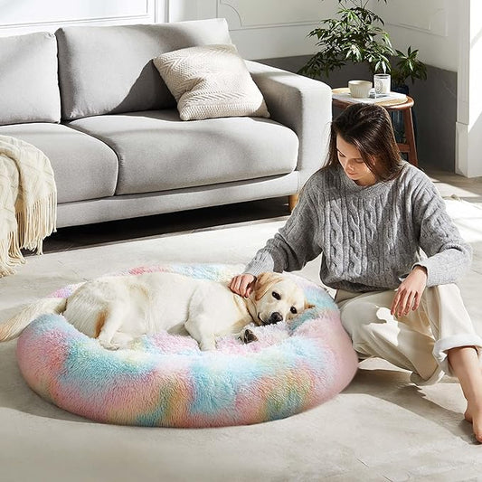 WESTERN HOME WH Calming Dog & Cat Donut Cuddler, Anti-Anxiety Warming Cozy Soft Round Bed, Fluffy Faux Fur Plush Cushion for Small Medium Dogs and Cats