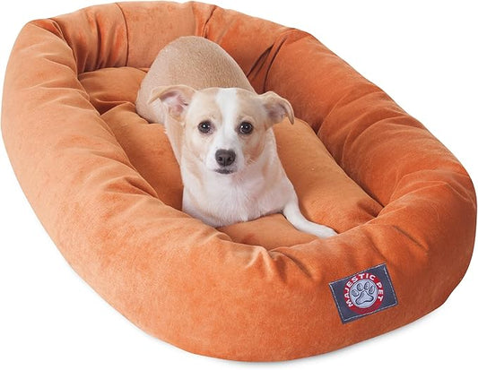 Majestic Pet 32 Inch Micro Velvet Calming Dog Bed Washable – Cozy Soft Round Dog Bed with Spine for Head Support - Fluffy Donut Puppy Mat 32x23x7 (inch) Medium – Orange