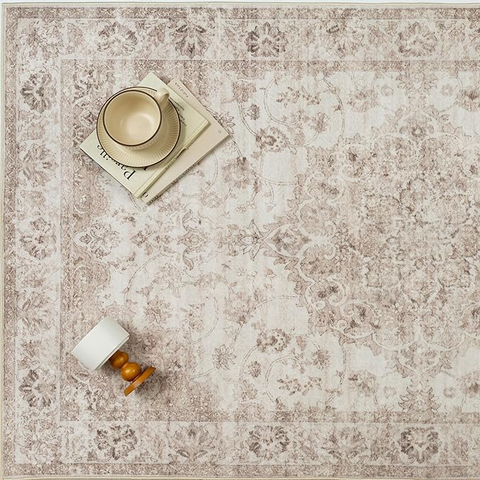 Washable Runner Rug 2x6 for Hallway Beige Neutral Vintage Long Carpet Soft Low Pile Non Slip Throw Rug Floral Distressed Accent Rug for Entryway Bathroom Office Laundry Dining Room