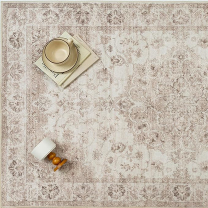 Washable Runner Rug 2x6 for Hallway Beige Neutral Vintage Long Carpet Soft Low Pile Non Slip Throw Rug Floral Distressed Accent Rug for Entryway Bathroom Office Laundry Dining Room