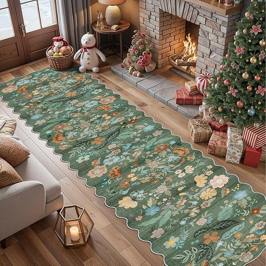 Washable 2'6x12 Hallway Runner Rug: Soft Entryway Kitchen Floral Runners Non Slip Water Resistant Nursery Bathroom Floor Mat Light Weight Carpet for Living Room Bedroom (2'6x12 Floral/Green)