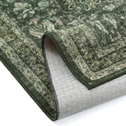 Dark Green 2x6 Runner Rug Washable Hallway Kitchen Vintage Carpet Indoor Non Slip Small Low Plie Thin Bedroom Bathroom Rug Retro Accent Throw Dining Living Room