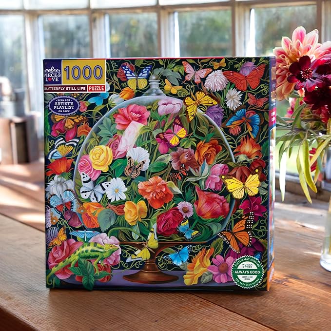 eeBoo 1000 Piece Puzzle - Butterfly Still Life Jigsaw Puzzle for Adults, Square 23" x 23" Made with Recycled Board & Vegetable-Based Ink