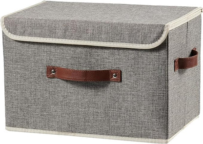 Storage Boxes with Lid Cotton Linen Fabric Storage Bins Organizer Container Decorative Collapsible Washable Shelf Baskets Faux Leather Handles for Home Bedroom Closet (Gray, Large Size)