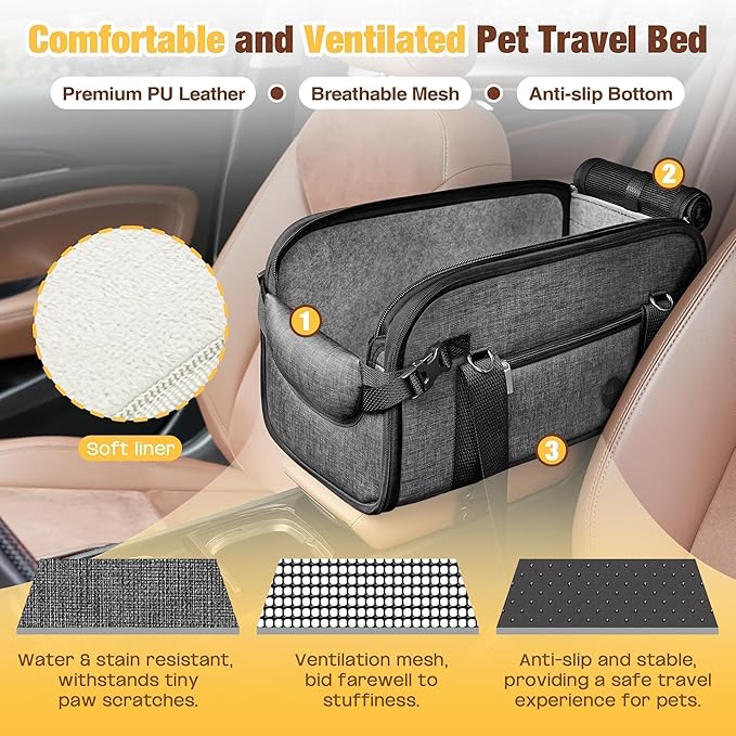 YUDODO 2-12lbs Center Console Dog Car Seat, Anti-Slip Pet Cat Booster Seat for Small Dogs, Portable Puppy Bed Carseat Carrier PU Leather Gray