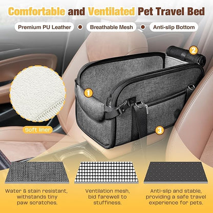 YUDODO 2-12lbs Center Console Dog Car Seat, Anti-Slip Pet Cat Booster Seat for Small Dogs, Portable Puppy Bed Carseat Carrier PU Leather Gray
