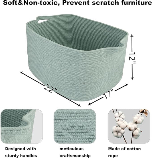 Large Rectangle Blankets Basket Living Room 22"x17"x12" Woven Cotton Rope Storage Baskets for Nursery Toy Baskets for Kids and Dogs Wicker Laundry Basket Bin for Clothes Towels green